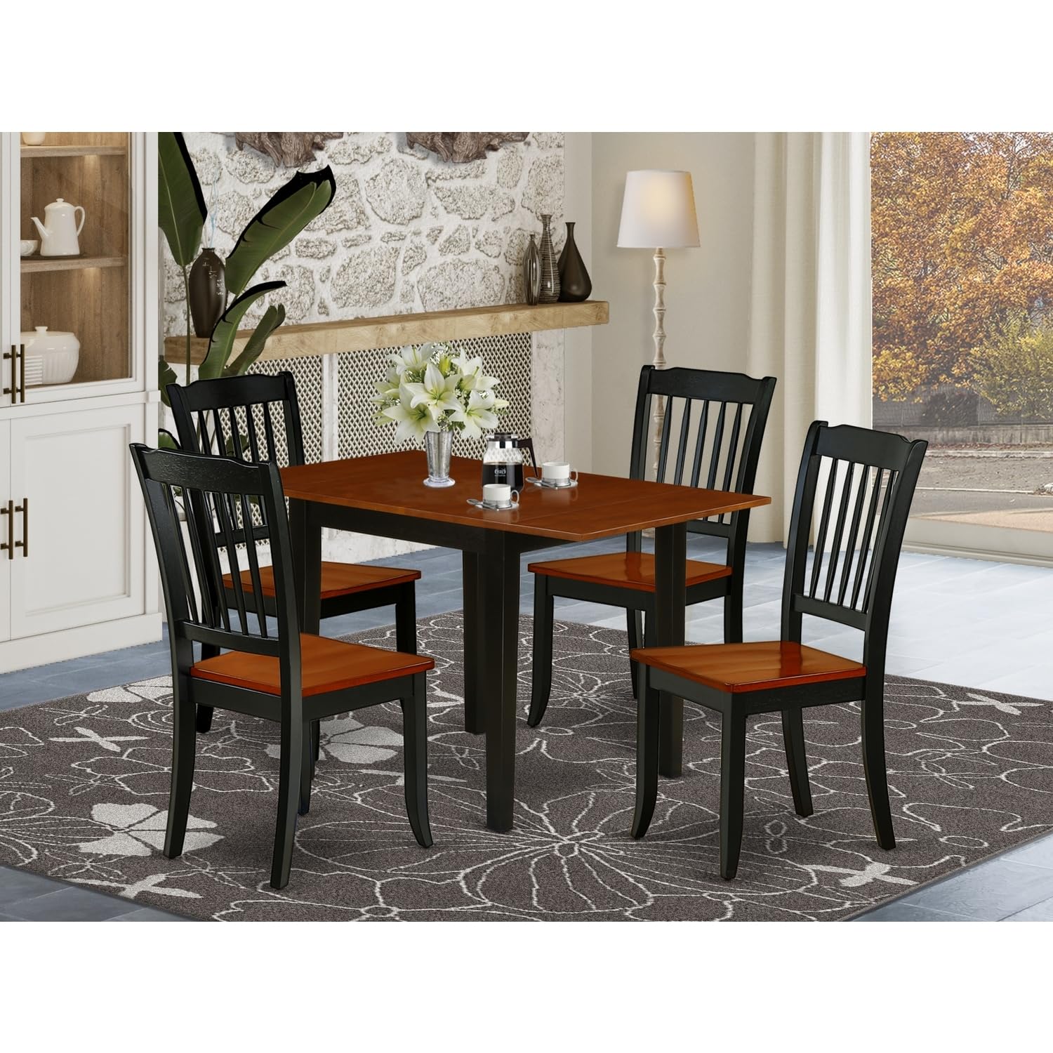 HomeStock African Artifacts Kitchen Table Set 5 Pcs- 4 Excellent Kitchen Dining Chairs and an Attractive Breakfast Table - Cherry Finish Hardwood Chair Seat and Table Top - Black Finish Wooden Frame.