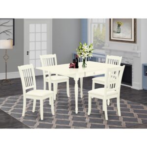 HomeStock Gothic Grandeur 5Pc Wood Dining Table Set includes A Kitchen Table and 4 Kitchen Chairs with Linen Fabic Seat, Drop Leaf Table with Slat Back Chairs, Linen White Finish