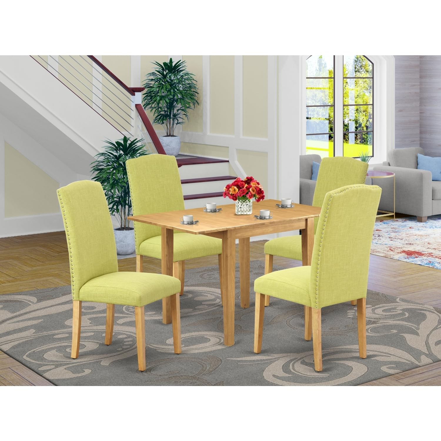 HomeStock Country Cottage Dinette Set 5 Pcs - Four Kitchen Chairs and A Wood Dining Table - Oak Finish Wood - Limelight Color Linen Fabric