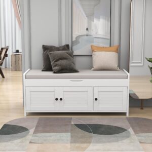 runna storage bench with 3 shutter-shaped doors wood entryway bench shoe bench with removable cushion and hidden storage space saving,great for foyer entrances (white#1)