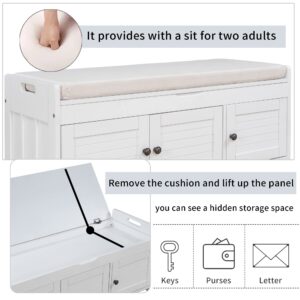 RUNNA Storage Bench with 3 Shutter-Shaped Doors Wood Entryway Bench Shoe Bench with Removable Cushion and Hidden Storage Space Saving,Great for Foyer entrances (White#1)