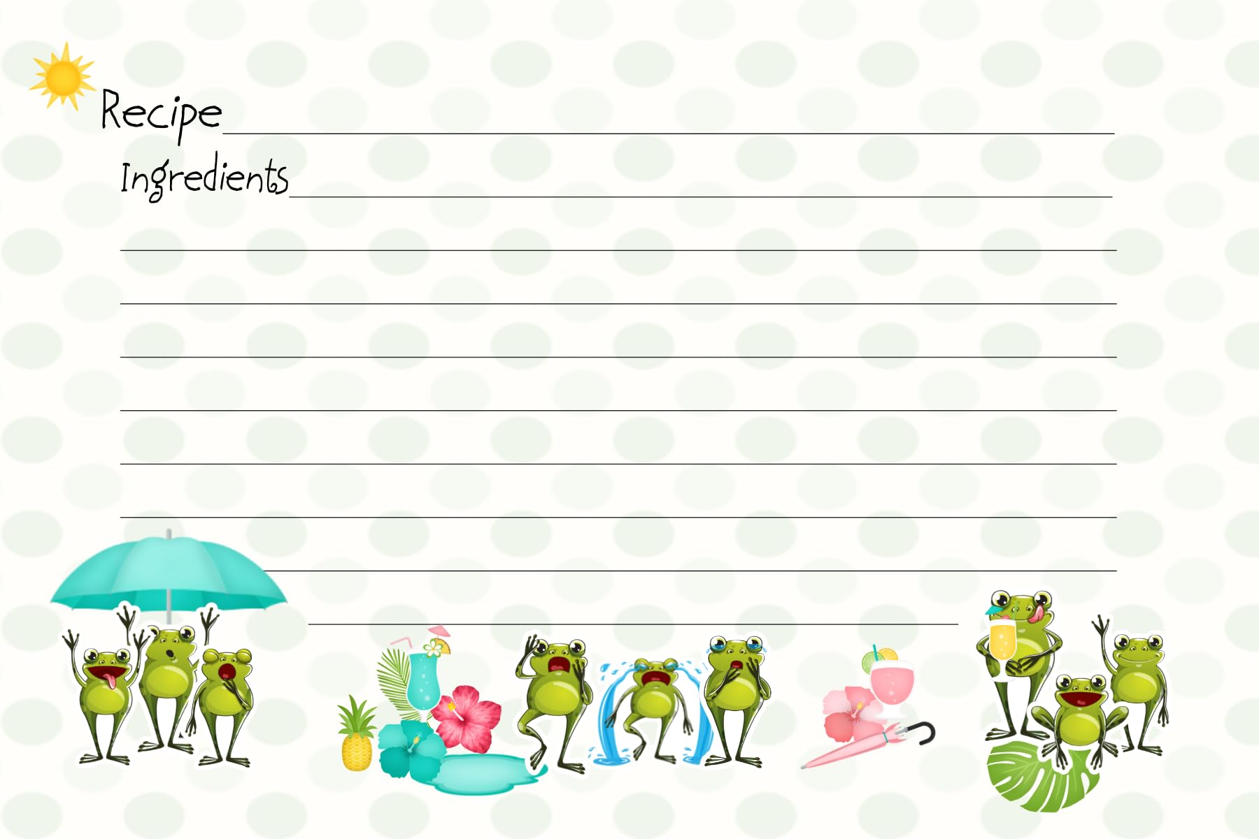 Frolicking Frogs 4x6" Recipe Card Tropical Fun Recipe Card Large Recipe Card Funny Frogs Summer Theme (Pack of 25)