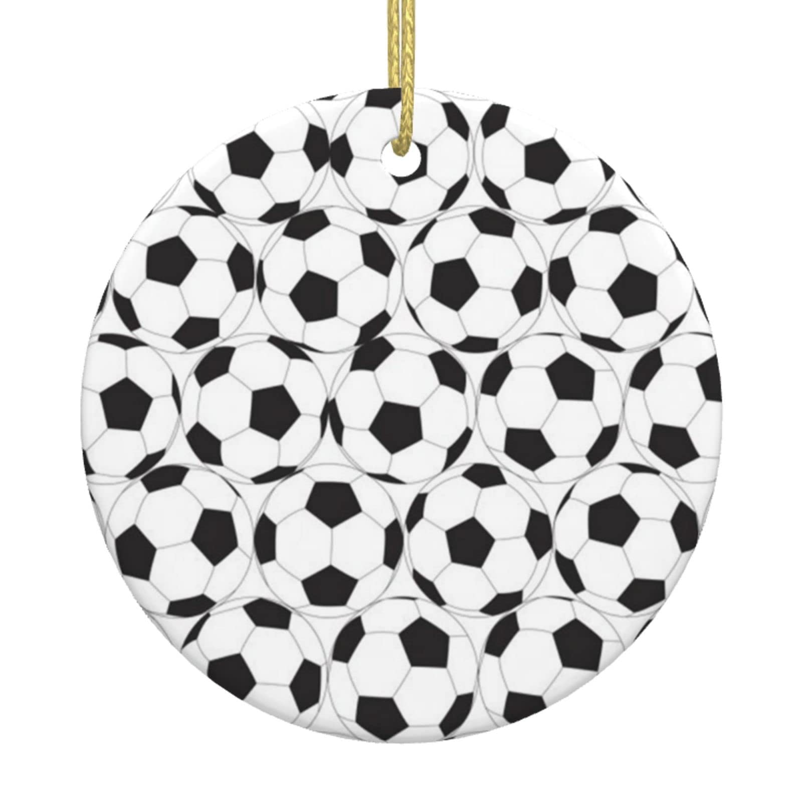 Black and White Soccer Ball Pattern Print Christmas Tree Ceramic Hanging Round Shaped Xmas Tree Pendants Gatherings Party Deco