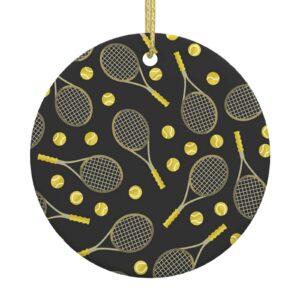 Funny Tennis Racquets and Tennis Balls Print Christmas Tree Ceramic Hanging Round Shaped Xmas Tree Pendants Gatherings Party Deco