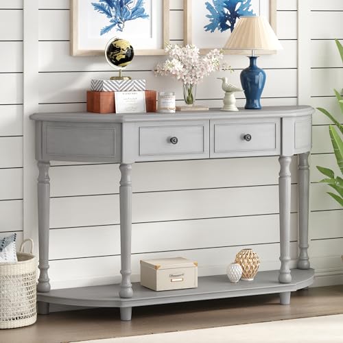 Tidyard Retro Circular Curved Design Console Table with Open Style Shelf Solid Wooden Frame and Legs Two Top Drawers Gray Sofa and Couch End Table for Entryway, Foyer, Living Room, Bedroom Furniture