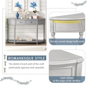 Tidyard Retro Circular Curved Design Console Table with Open Style Shelf Solid Wooden Frame and Legs Two Top Drawers Gray Sofa and Couch End Table for Entryway, Foyer, Living Room, Bedroom Furniture