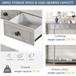 Tidyard Retro Circular Curved Design Console Table with Open Style Shelf Solid Wooden Frame and Legs Two Top Drawers Gray Sofa and Couch End Table for Entryway, Foyer, Living Room, Bedroom Furniture