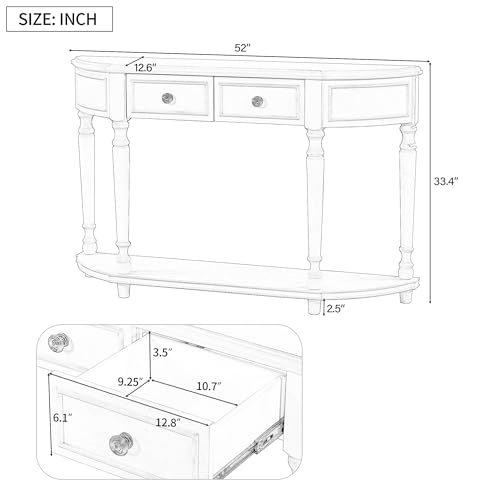 Tidyard Retro Circular Curved Design Console Table with Open Style Shelf Solid Wooden Frame and Legs Two Top Drawers Gray Sofa and Couch End Table for Entryway, Foyer, Living Room, Bedroom Furniture