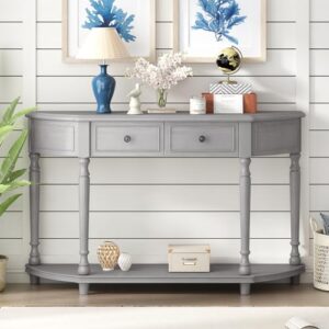 Tidyard Retro Circular Curved Design Console Table with Open Style Shelf Solid Wooden Frame and Legs Two Top Drawers Gray Sofa and Couch End Table for Entryway, Foyer, Living Room, Bedroom Furniture