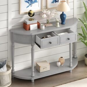 Tidyard Retro Circular Curved Design Console Table with Open Style Shelf Solid Wooden Frame and Legs Two Top Drawers Gray Sofa and Couch End Table for Entryway, Foyer, Living Room, Bedroom Furniture