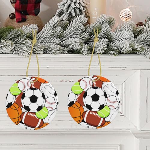 Sports Ball Print Christmas Tree Ceramic Hanging Round Shaped Xmas Tree Pendants Gatherings Party Deco