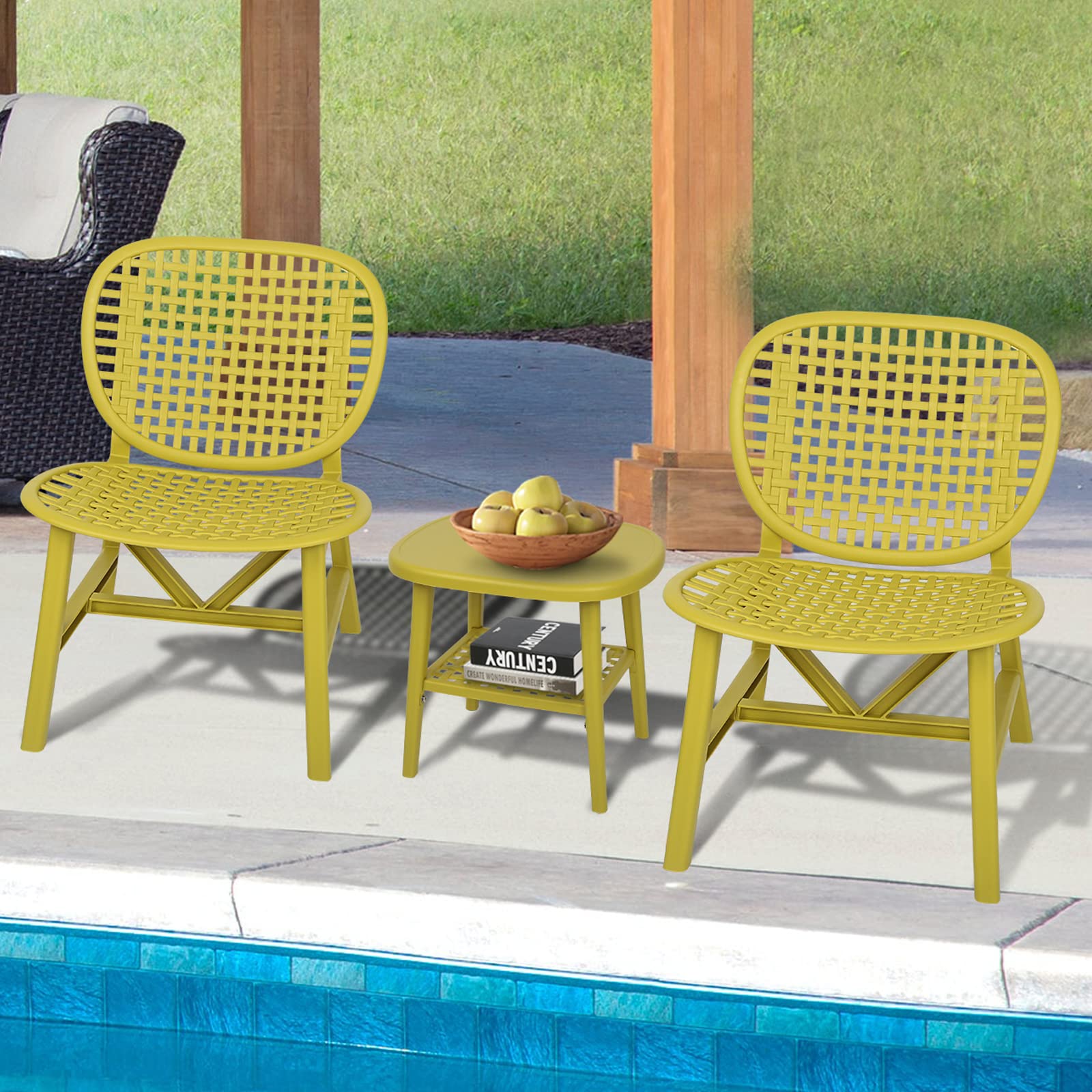 Tidyard 3 Piece Bistro Set, Hollow Design Chairs and Table with Open Shelf, Patio Conversation Set for Balcony Garden Yard Poolside Outdoor Furniture