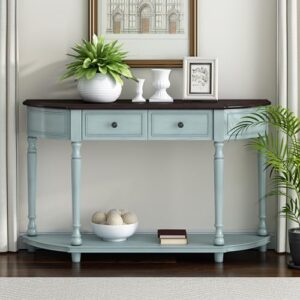 Tidyard Retro Circular Curved Design Console Table with Open Style Shelf Solid Wooden Frame and Legs Two Top Drawers Sofa and Couch End Table for Entryway, Foyer, Living Room, Bedroom Furniture