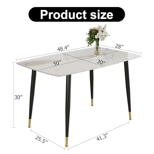 Modern Dining Table for 4, 50" Rectangular Dining Room Table with 0.47'' Sintered Stone Tabletop and Black Metal Legs, Kitchen Table for Dining Room Kitchen, Easy Assembly (White)