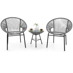 happygrill 3-piece patio bistro set, outdoor furniture set acapulco chairs with plastic rope, tempered glass table, all weather patio furniture for balcony, porch, garden, backyard