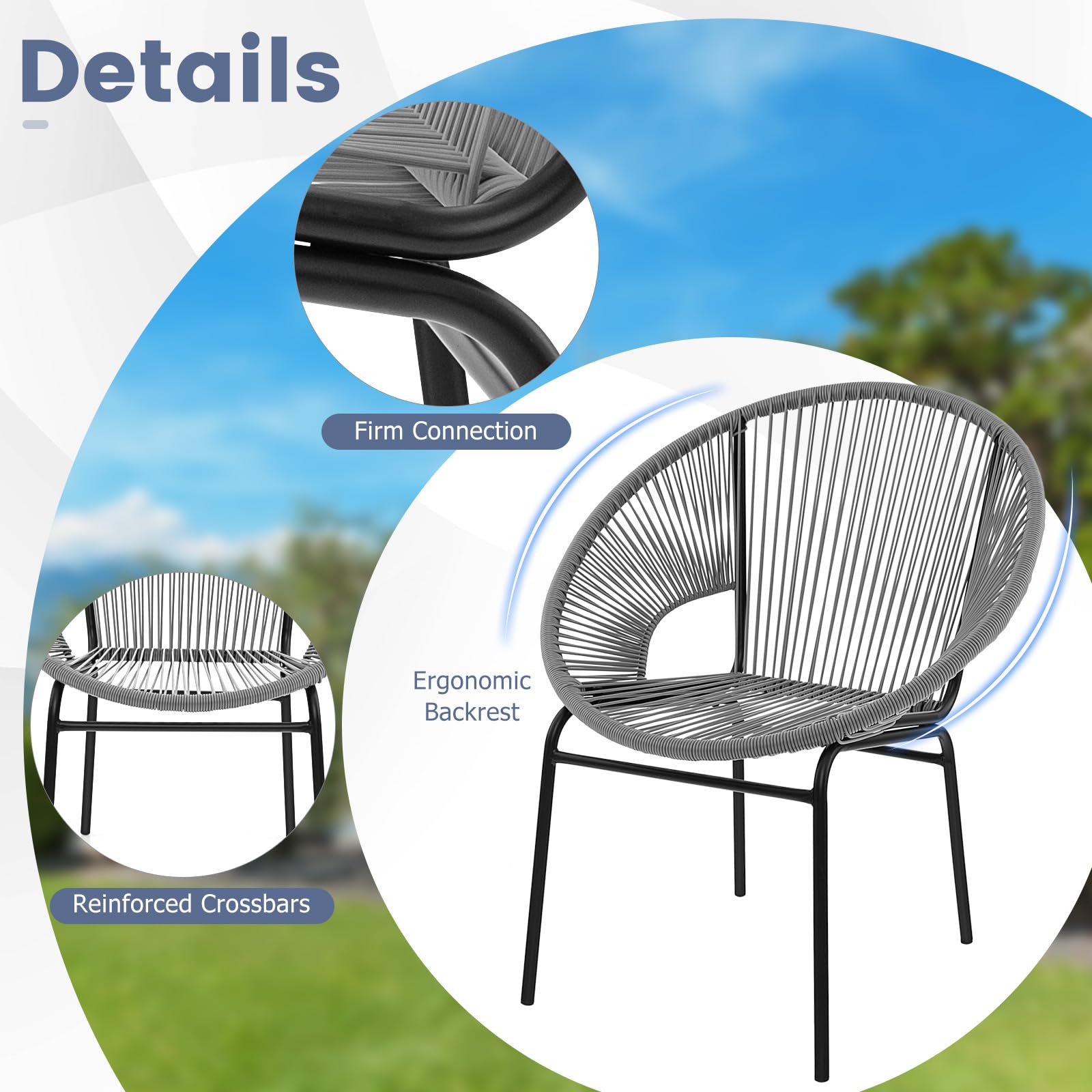 HAPPYGRILL 3-Piece Patio Bistro Set, Outdoor Furniture Set Acapulco Chairs with Plastic Rope, Tempered Glass Table, All Weather Patio Furniture for Balcony, Porch, Garden, Backyard