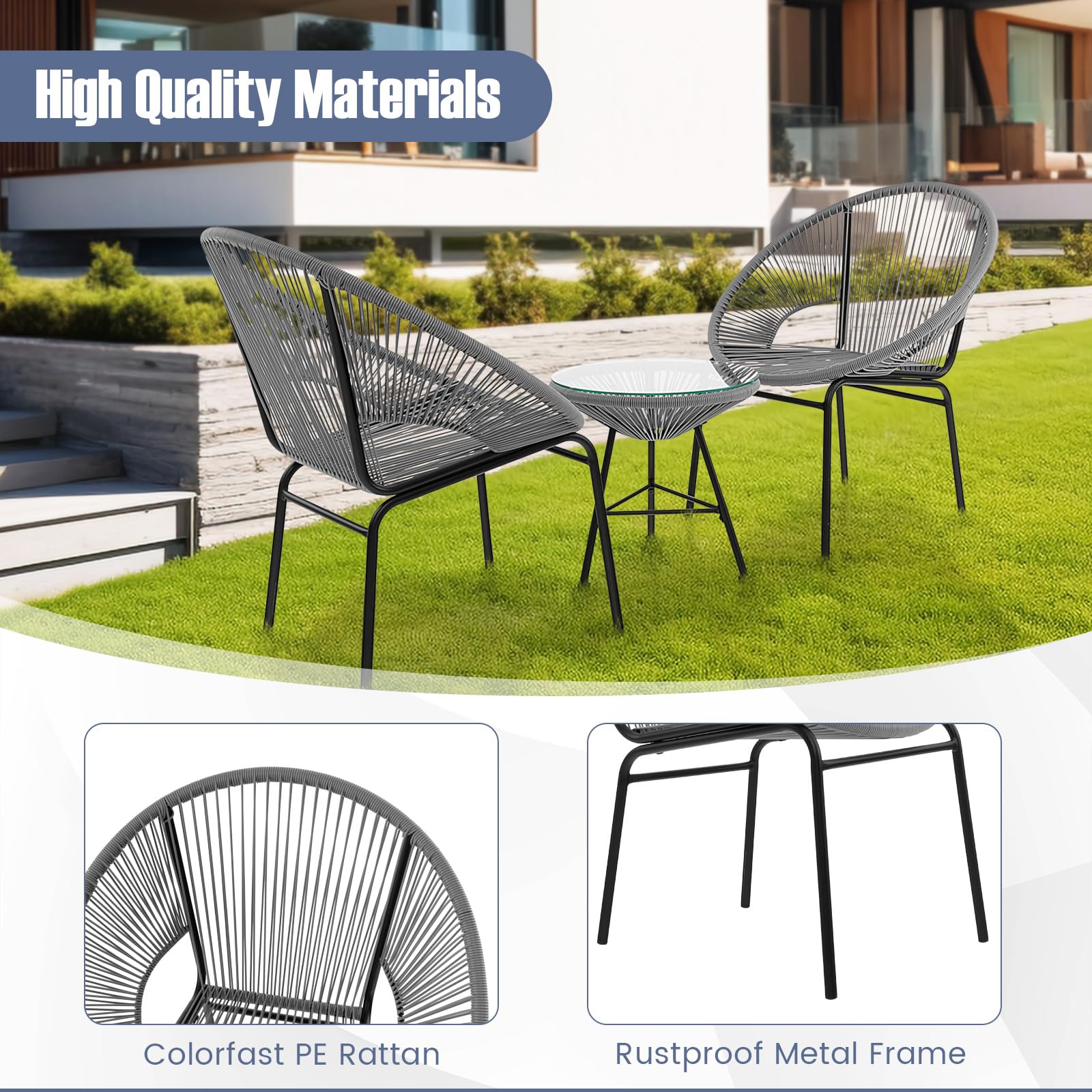 HAPPYGRILL 3-Piece Patio Bistro Set, Outdoor Furniture Set Acapulco Chairs with Plastic Rope, Tempered Glass Table, All Weather Patio Furniture for Balcony, Porch, Garden, Backyard