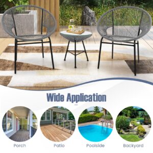 HAPPYGRILL 3-Piece Patio Bistro Set, Outdoor Furniture Set Acapulco Chairs with Plastic Rope, Tempered Glass Table, All Weather Patio Furniture for Balcony, Porch, Garden, Backyard