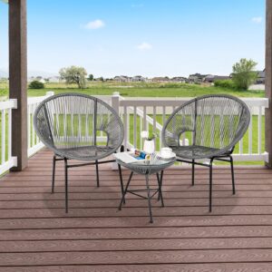 HAPPYGRILL 3-Piece Patio Bistro Set, Outdoor Furniture Set Acapulco Chairs with Plastic Rope, Tempered Glass Table, All Weather Patio Furniture for Balcony, Porch, Garden, Backyard