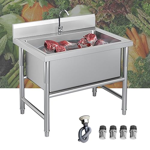 Utility Sink Outdoor Sink, Freestanding Stainless Steel Sink, Large Single Bowl Sink, Commercial Restaurant Kitchen Sink w/Faucet, Easy to Assemble, for Laundry, Garden, Garage ( Size : 60x60x80cm )