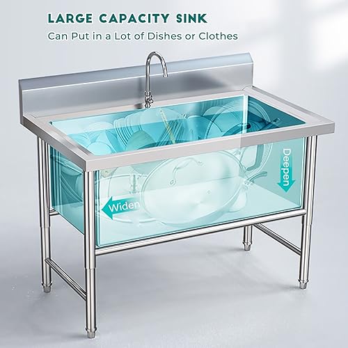 Utility Sink Outdoor Sink, Freestanding Stainless Steel Sink, Large Single Bowl Sink, Commercial Restaurant Kitchen Sink w/Faucet, Easy to Assemble, for Laundry, Garden, Garage ( Size : 60x60x80cm )