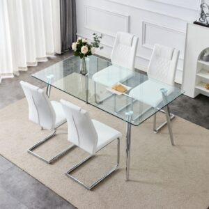 WEKEOT 63" Rectangular Dining Table Set Modern Dining Table Set 7 Pieces Kitchen Table and Upholstered Chairs (1Table+4Chairs, Transparent GlassTable, White Chair)