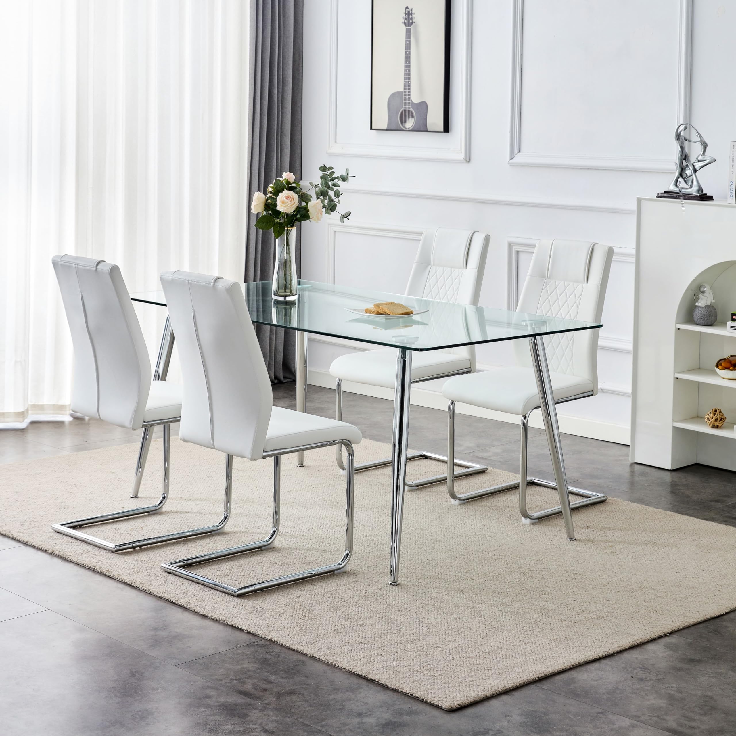 WEKEOT 63" Rectangular Dining Table Set Modern Dining Table Set 7 Pieces Kitchen Table and Upholstered Chairs (1Table+4Chairs, Transparent GlassTable, White Chair)