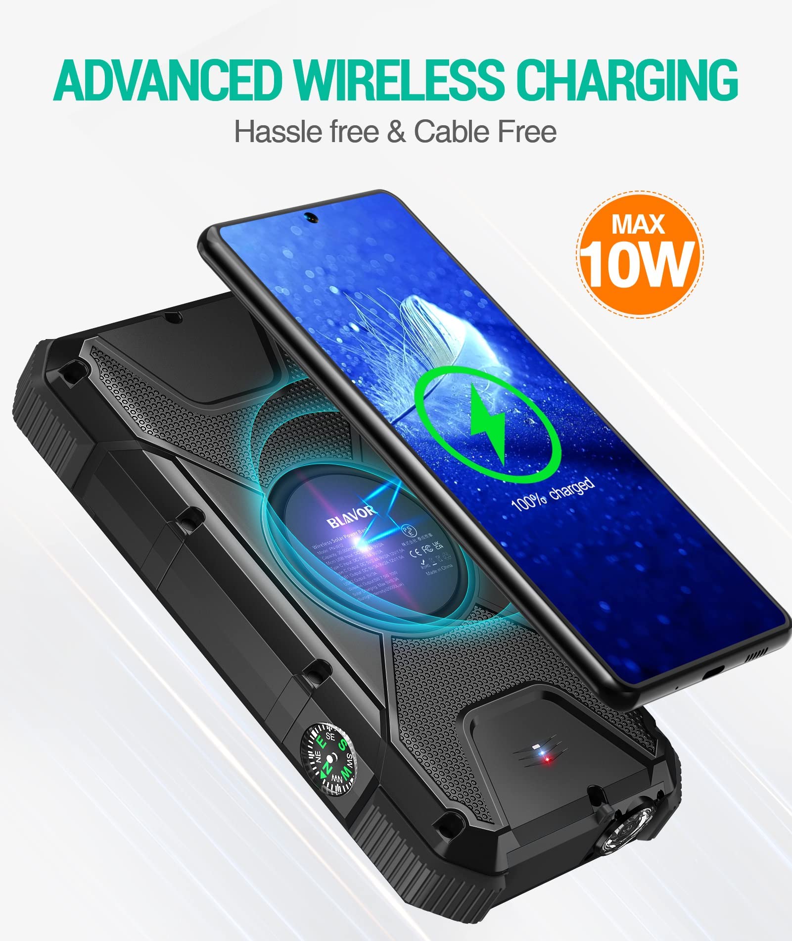 BLAVOR 20000mAh Solar Power Bank 𝗣𝗗𝟭𝟴𝗪 𝐐𝐂𝟑.𝟎 Fast Charging 10W Wireless Charger(Black) Plus 3 in 1 Multi Charging Cable 4FT