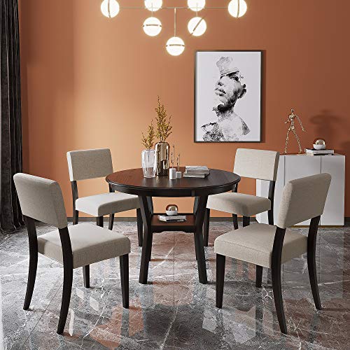 FANYE 5 Pieces Sets with Wooden Round Table Bring Bottom Shelf and 4 Linen Upholstered Chairs with Back Cushion for Home Breakfast, Lunch & Dinner Kitchen & Dining Room Furniture, Espresso+Beige