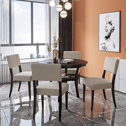 FANYE 5 Pieces Sets with Wooden Round Table Bring Bottom Shelf and 4 Linen Upholstered Chairs with Back Cushion for Home Breakfast, Lunch & Dinner Kitchen & Dining Room Furniture, Espresso+Beige