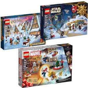 lego 2023 advent calendar 3 box bundle set includes: lego marvel avengers advent calendar 76267, lego star wars advent calendar 75366, lego harry potter advent calendar 76418, holiday 2023 kit