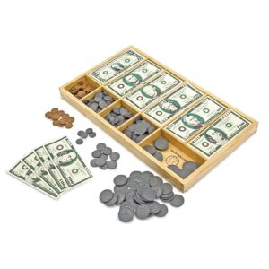 melissa & doug play money set - educational toy with paper bills and plastic coins (50 of each denomination) and wooden cash drawer for storage