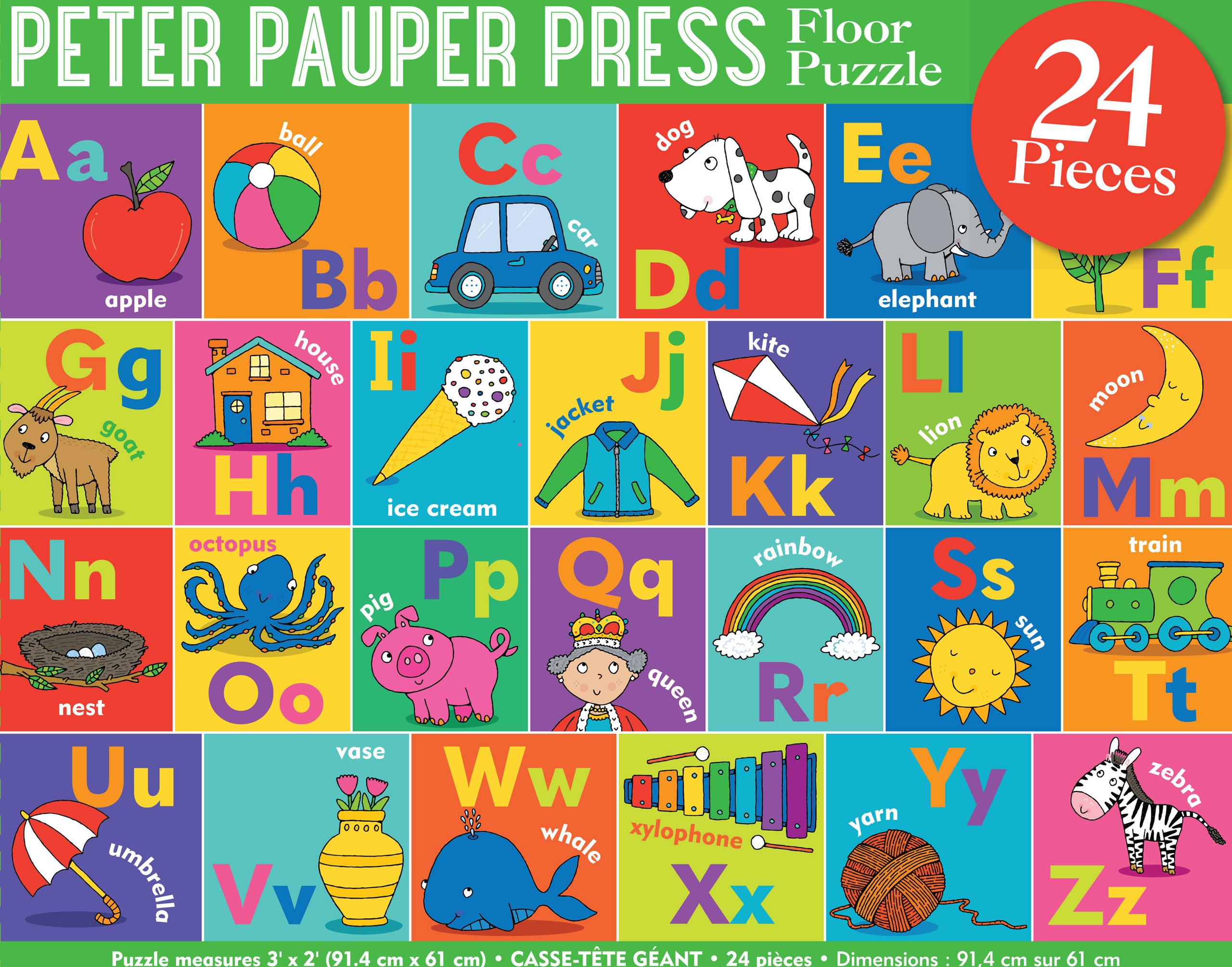 PETER PAUPER PRESS The Alphabet Jumbo Floor Puzzle - Fun and educational puzzle with upper and lowercase letters, first words and pictures. (24 Pieces) (36 inches wide x 24 inches high)