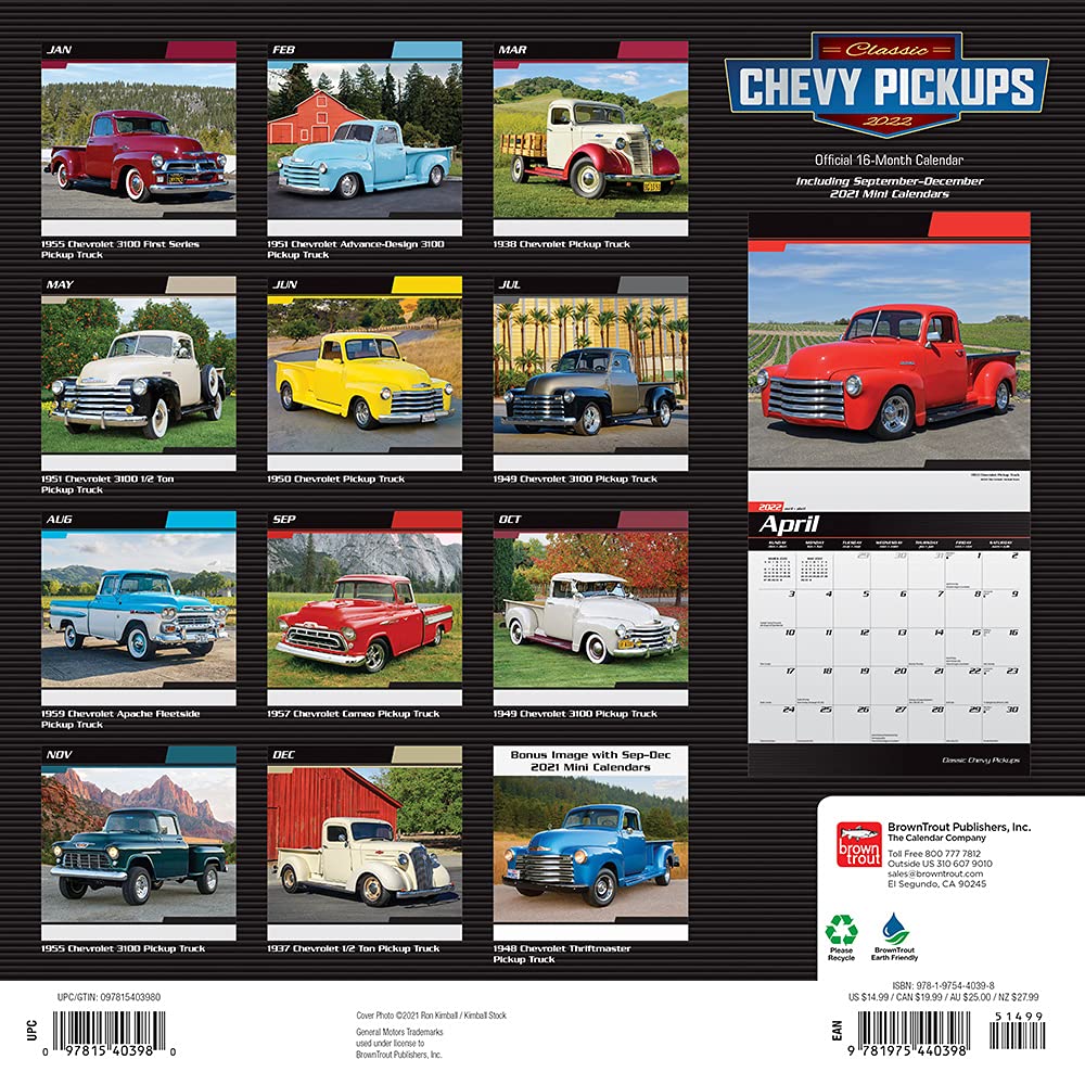 Classic Chevy Pickups 2022 12 x 12 Inch Monthly Square Wall Calendar with Foil Stamped Cover, Chevrolet Motor Truck