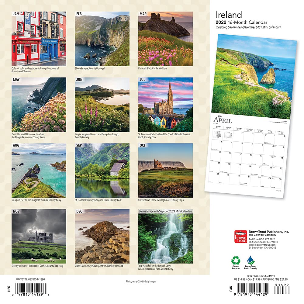 Ireland 2022 12 x 12 Inch Monthly Square Wall Calendar with Foil Stamped Cover, Scenic Travel Dublin Irish