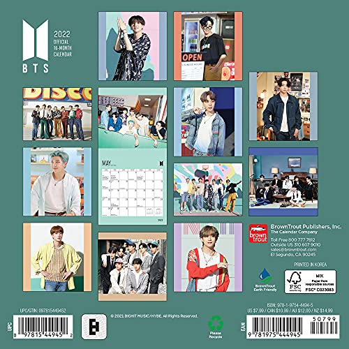 BTS OFFICIAL 2022 7 x 7 Inch Monthly Mini Wall Calendar, K-Pop Bangtan Boys Music