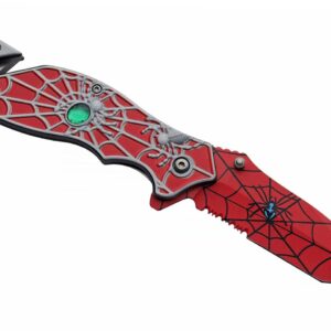 8” Red Spiderweb Assisted Open Pocket Folding Edc Knife Red Stainless Steel Clip Point Blade With Spider Web Print Red Aluminum Handle With Green Jewel Inlay