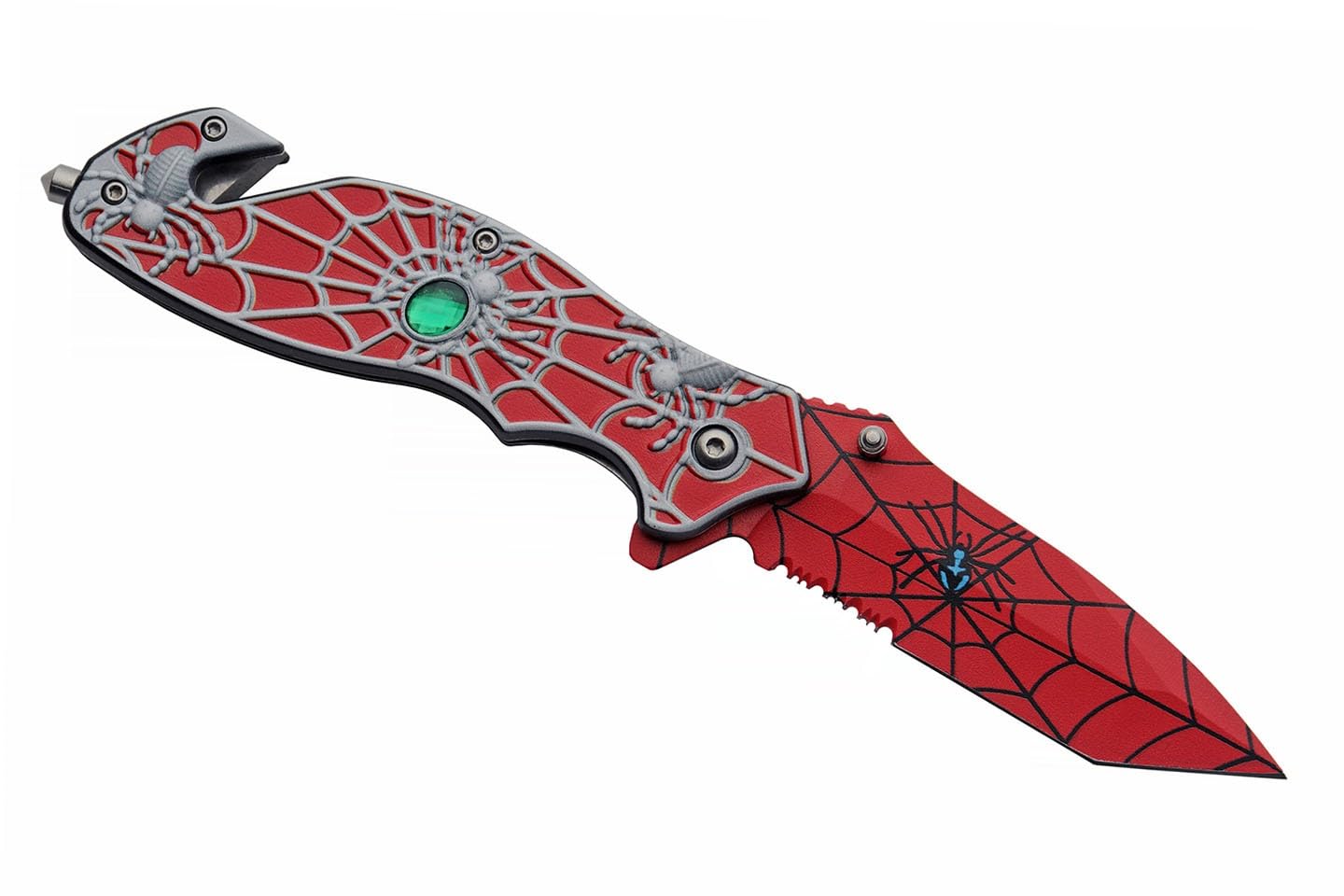 8” Red Spiderweb Assisted Open Pocket Folding Edc Knife Red Stainless Steel Clip Point Blade With Spider Web Print Red Aluminum Handle With Green Jewel Inlay