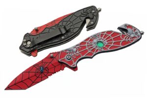 8” red spiderweb assisted open pocket folding edc knife red stainless steel clip point blade with spider web print red aluminum handle with green jewel inlay