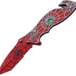 8” Red Spiderweb Assisted Open Pocket Folding Edc Knife Red Stainless Steel Clip Point Blade With Spider Web Print Red Aluminum Handle With Green Jewel Inlay