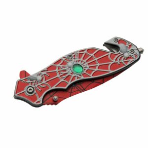 8” Red Spiderweb Assisted Open Pocket Folding Edc Knife Red Stainless Steel Clip Point Blade With Spider Web Print Red Aluminum Handle With Green Jewel Inlay