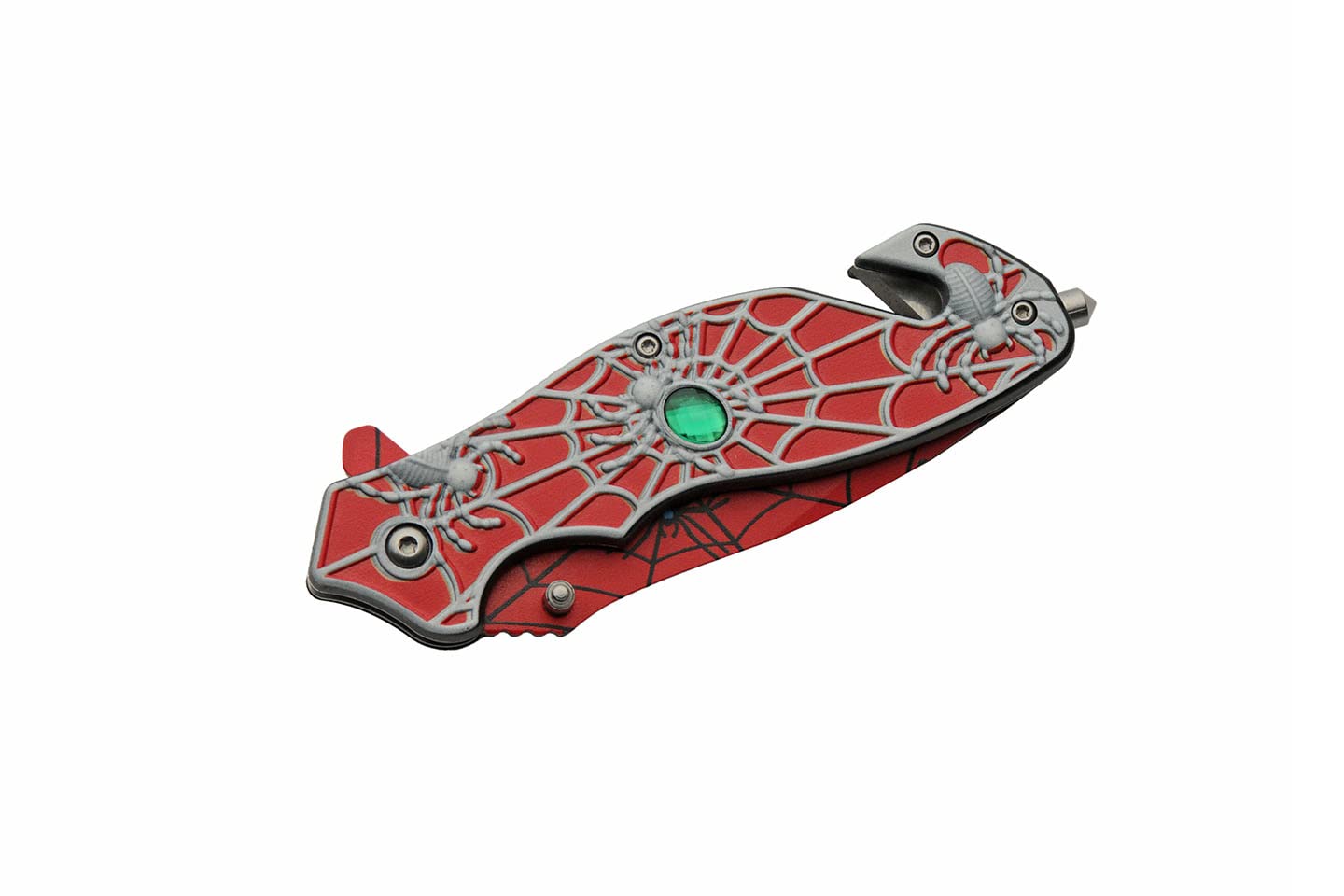 8” Red Spiderweb Assisted Open Pocket Folding Edc Knife Red Stainless Steel Clip Point Blade With Spider Web Print Red Aluminum Handle With Green Jewel Inlay