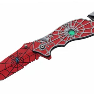 8” Red Spiderweb Assisted Open Pocket Folding Edc Knife Red Stainless Steel Clip Point Blade With Spider Web Print Red Aluminum Handle With Green Jewel Inlay