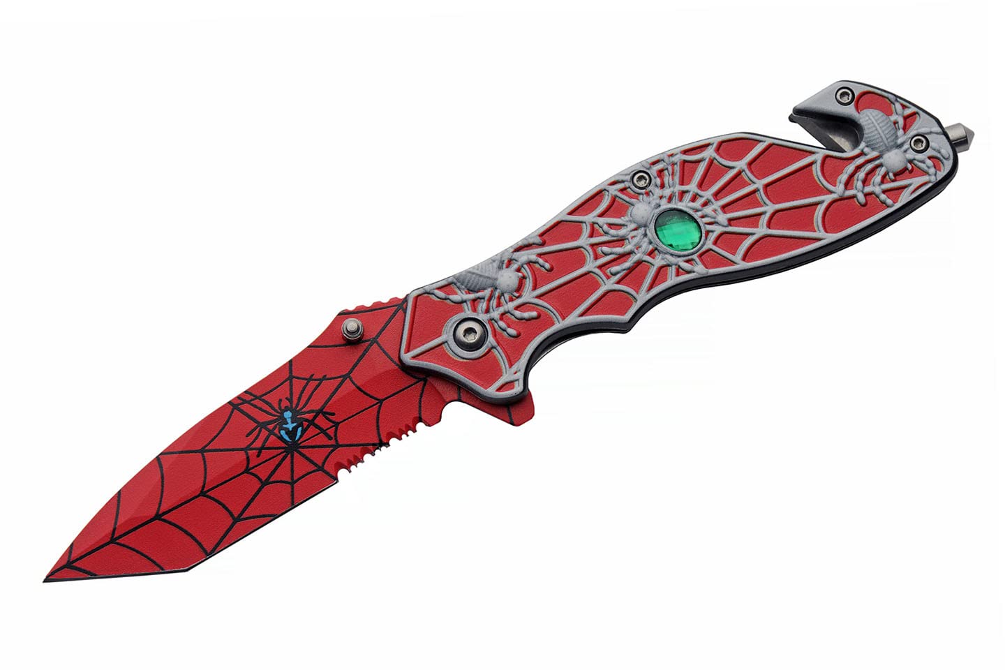 8” Red Spiderweb Assisted Open Pocket Folding Edc Knife Red Stainless Steel Clip Point Blade With Spider Web Print Red Aluminum Handle With Green Jewel Inlay