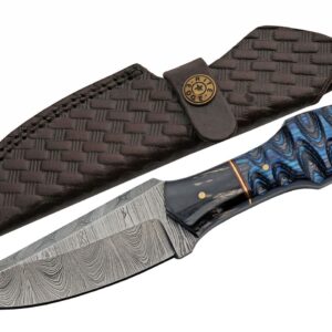 Ocean Ripple Damascus Steel Blade | Grooved Wood 8 inch Hunting Knife