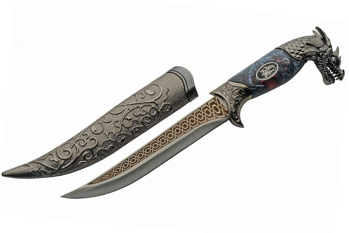 11" Roaring Dragon Stainless Steel Blade Metal Decorative Handle Edc Fantasy Hunting Knife