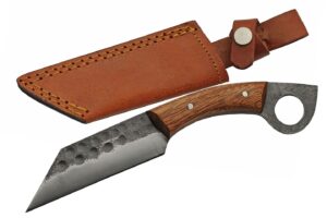 9.5" ring seax hunting edc camping outdoor knife full tang carbon steel blade wooden handle finger ring pommel steel pins brown leather sheath with a belt loop