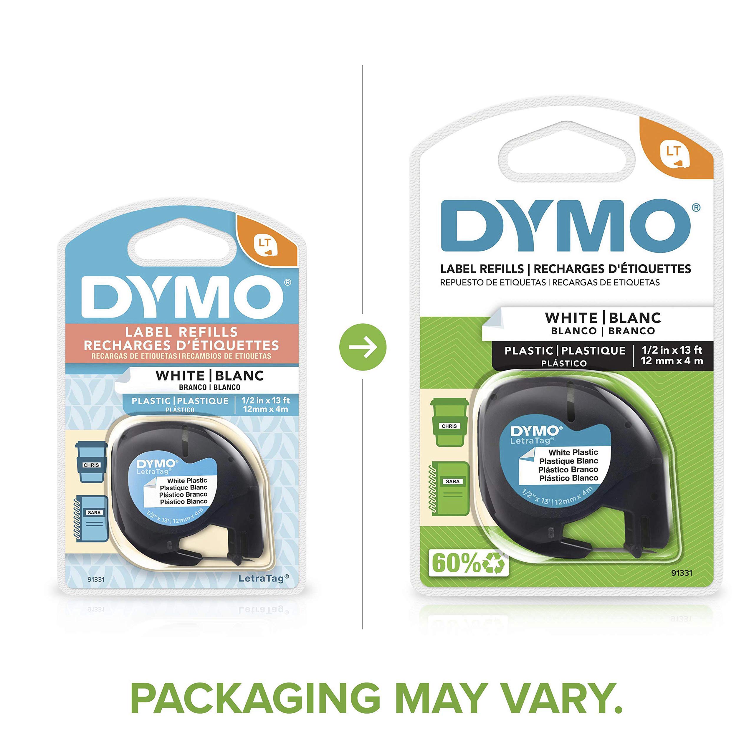 DYMO - SAN91331 91331 LetraTag Labeling Tape for LetraTag Label Makers, Black Print on White Plastic Tape, 1/2'' W x 13' L, 1 Roll