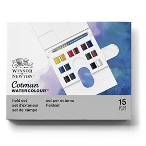 Winsor & Newton Cotman Watercolor Paint Set, Field Set, 14 Half Pan w/ Brush, Mixing Palette