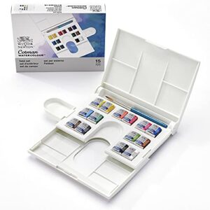 Winsor & Newton Cotman Watercolor Paint Set, Field Set, 14 Half Pan w/ Brush, Mixing Palette